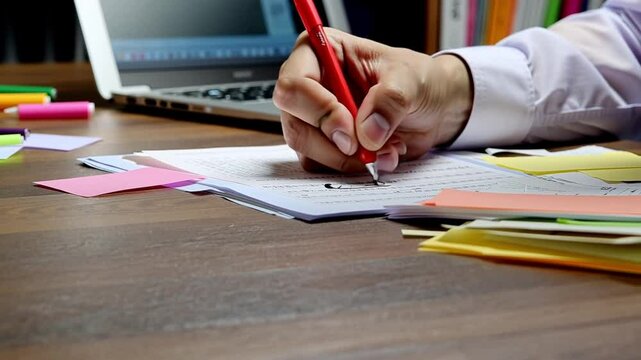 Person annotates a paper draft using bright post-it notes and red pen, manuscript filled with visible corrections
