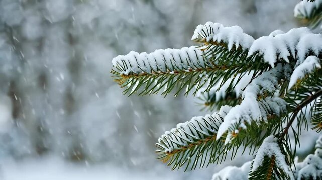 Snowflakes gently falling on verdant pine tree branches laden with fresh white snow, a serene winter scene in soft focus