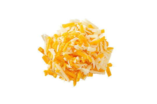 A top down view of a pile of Mexican blend shredded cheese, against a white background.