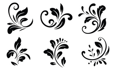 Decorative floral swirls and leaves in black and white vector
