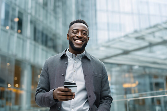 Portrait of a happy african american businessman holding a credit card and smiling in front of modern office buildings