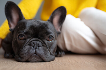 Fototapeta premium Black French bulldog lying comfortably on a wooden floor while owner relaxes nearby in a cozy yellow sweater and white pants