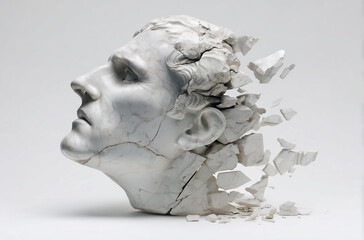 White marble statue head dissolving on light background, representing loss of memory, dementia, alzheimer, mental health issues, stress and fragility