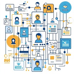 HR management depicted with hiring processes, onboarding programs, training sessions, benefits planning, employee files, compliance audits, organizational structure, staff development.