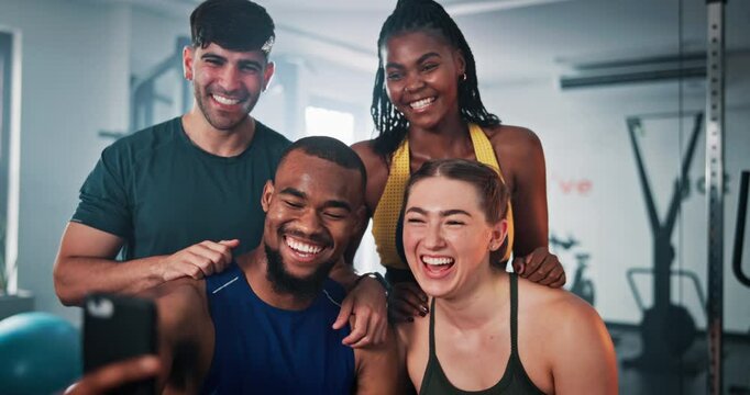 Selfie, group and people in gym, fitness and training with support, influencer and post on social media. Diversity, friends or men with women, exercise or smile in wellness center, cheering or health