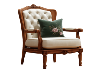 [Transparent Background PNG]Classic Wooden Armchair with Floral Throw Pillow