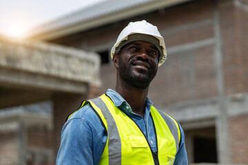 Portrait of a African American  Male Civil Engineer Working on a Tablet at a Construction Site. Young Asian Woman Standing Outdoors, Using Computer for Planning and Developing a Real Estate Project.