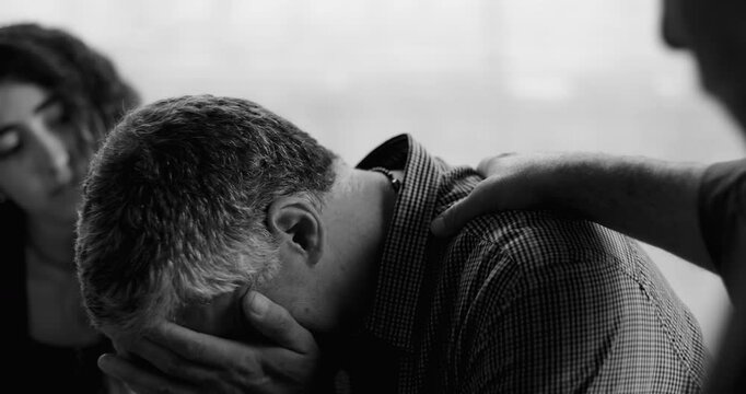 Man reacts emotionally during therapy session, eyes closed and mouth tense as another participant rests a supportive hand on his shoulder in moment of compassion