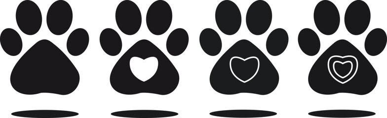 Pet Paw Silhouette Icon Set – Minimal Vector Paw Prints with Heart and Outline Styles