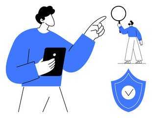Person points forward holding tablet, smaller figure holding circle, shield with tick signifying safety. Ideal for security, technology, communication, teamwork, focus, trust simple landing page