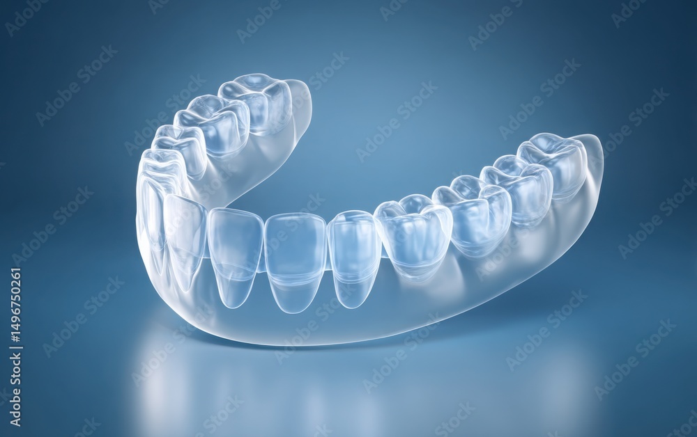 Poster realistic 3d medical rendering of upper and lower jaw with transparent aligner positioning