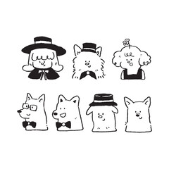 Cute Dog Character doodle Half Body Profile Black and White