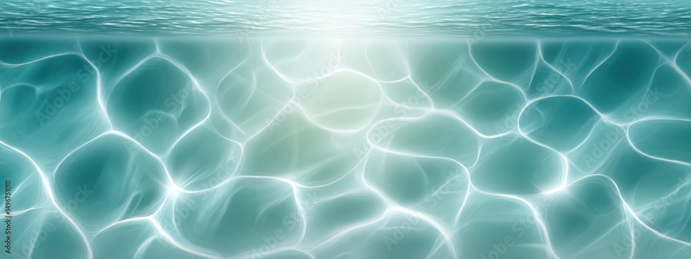 Poster sunlight reflecting on the bottom of a swimming pool, soft wave distortion on a light cyan backgroun