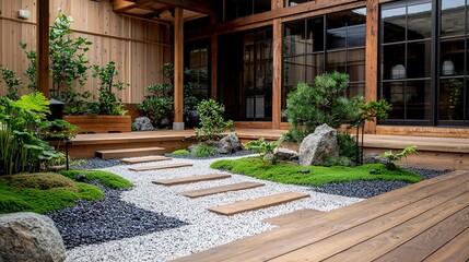 A serene Japanese courtyard garden with wooden paths, lush greenery, rocks, and a traditional wooden building backdrop.