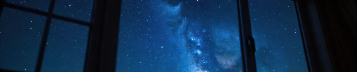 Obraz premium Dark, starlit night sky visible through a bedroom window, creating a celestial ceiling effect Perfect for relaxation, sleep, and astronomy themes , darkness, ambience, home