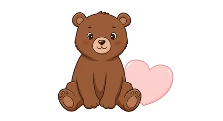 Cute bear with a pink heart on an isolated white background.