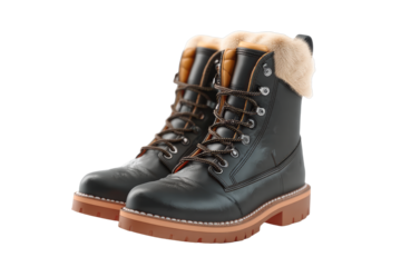 [Transparent Background PNG]Pair of Stylish Black Leather Winter Boots with Fur Trim
