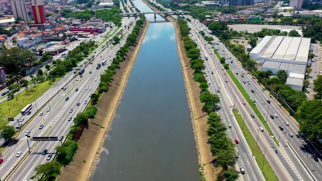 Marginal Tiete In Sao Paulo Brazil. Highway Interchange Crossing City With Traffic Jam. Metropole Skyline Company Building Amazing. Metropole Corporate Business. Sao Paulo Brazil.
