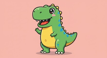 Fototapeta premium Cute cartoon dinosaur waving on pink background. Happy dinosaur character.