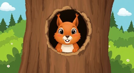 Cute cartoon squirrel in a tree, happy wildlife illustration