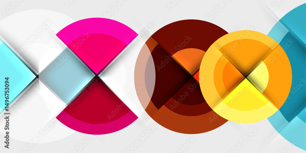 Poster Abstract geometric shapes overlap, creating vibrant color patterns. Circles, squares, lines form dynamic composition. Modern design elements present.