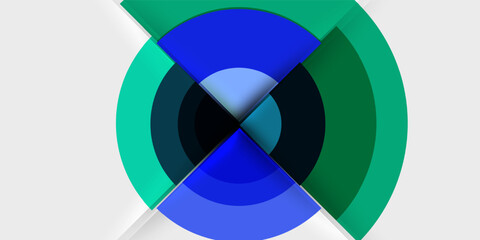 Fototapeta premium Abstract design features concentric circles, intersecting lines. Blue, green hues dominate, creating dynamic visual effect. Minimalist, modern aesthetic.