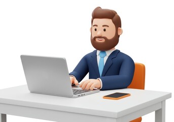 3D Illustration of Cartoon businessman working on laptop isolated on white background
