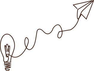 Continuous one line drawing of paper plane with blub  out line vector art graphic illustration 