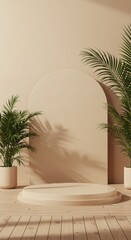 Minimalist podium with palm plants