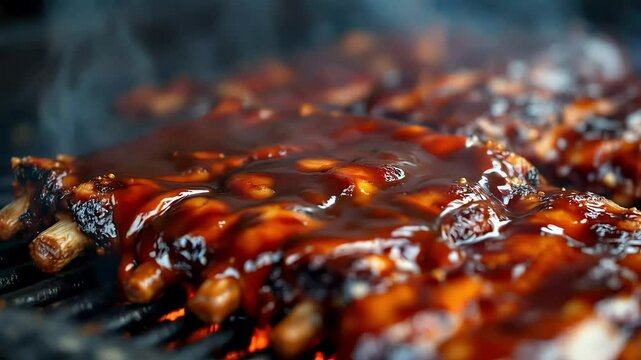 Slow motion shot of BBQ ribs being glazed with a rich, smoky sauce as they sizzle on the grill 