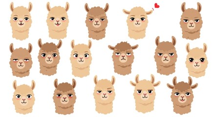 Obraz premium Llama faces with different emotions on a white background pattern