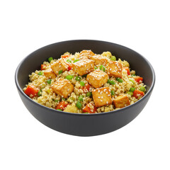 Delicious bowl of stir-fried tofu with vegetables and sesame seeds, vibrant colors