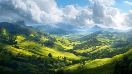 Obraz premium Lush valley landscape with rolling hills and mountains.