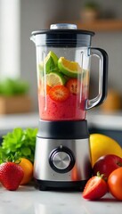 A vibrant, stainless steel blender mixer sits on a countertop, surrounded by fresh fruits and vegetables, ready to create a healthy smoothie , blending, fresh, countertop