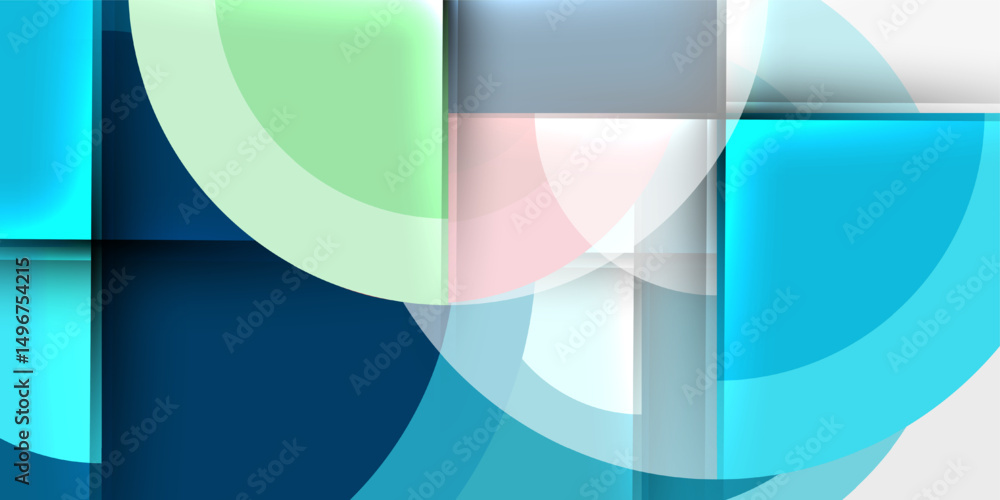 Fototapete Abstract composition. Overlapping shapes, circles, rectangles create dynamic visual effect. Cool color palette dominates design.