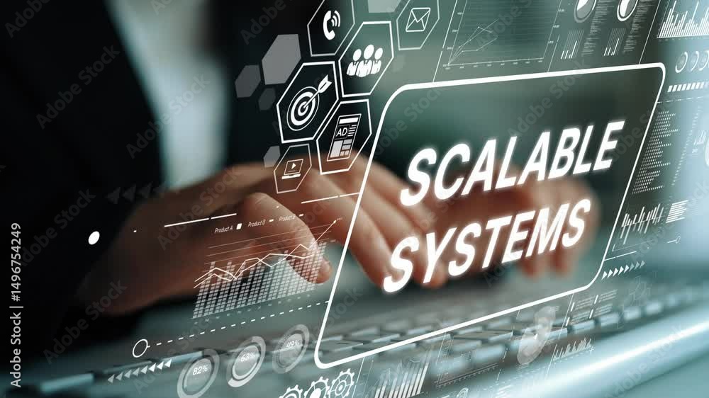 Poster Business professional interacting with digital interface showcasing scalable systems for efficient data management in technology solutions. Asymptotic smart data analytic.