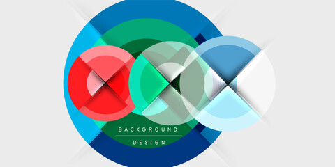 Obraz premium Abstract geometric design. Overlapping circles, squares create dynamic composition. Bright colors, gradients offer modern aesthetic.
