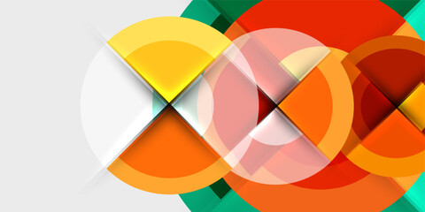 Obraz premium Abstract geometric shapes overlap, creating vibrant color composition. Circles, squares, lines form modern design.