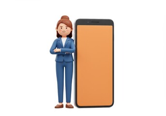3D Illustration of Cartoon businesswoman standing next to a smartphone isolated on white background