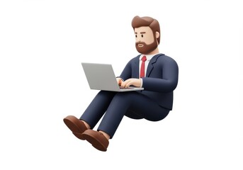 3D Illustration of Cartoon businessman sitting and working on laptop isolated on transparent background