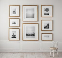 Fototapeta premium Elegant gallery wall mockup; diverse frames, white background, different sizes, photography