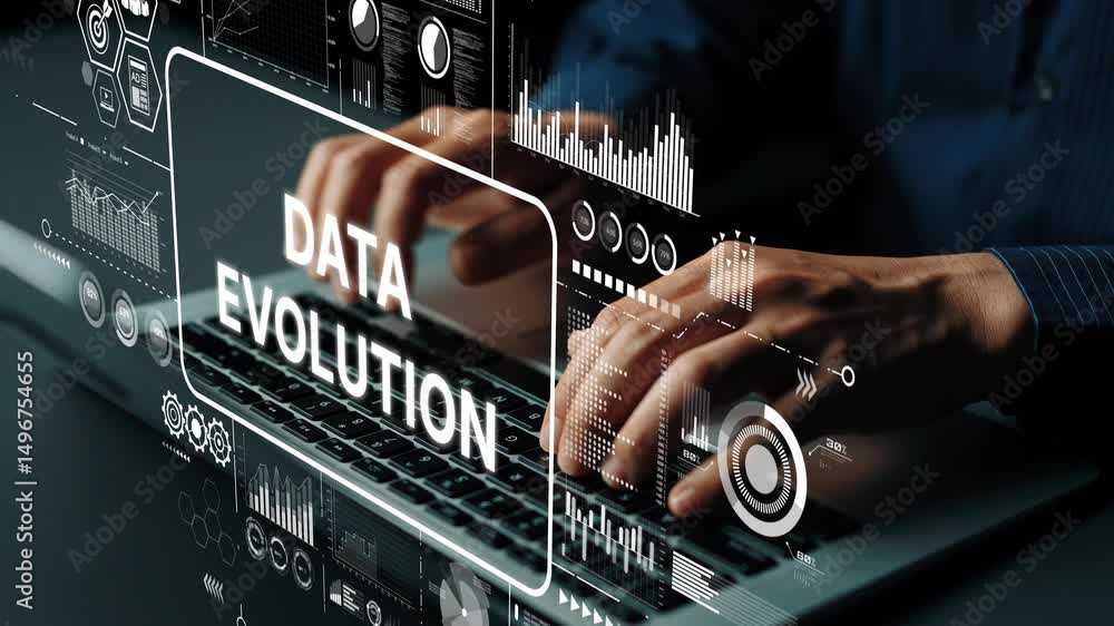Poster Modern Hands Typing on a Laptop Surrounded by Futuristic Data Visualization and Analytics Concepts. Asymptotic smart data analytic.