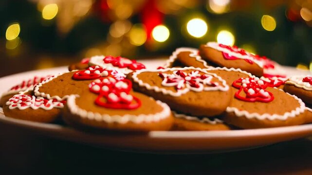 Festive gingerbread cookies with intricate icing details on a white plate, evoking warmth and holiday cheer with blurred lights in the background.