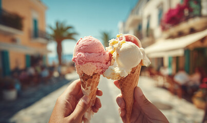 Obraz premium Two Ice Cream Cones Held Up on a Sunny Street Featuring Pink and White Flavors Held by Hands with a Blurred Background of Buildings and