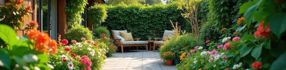 A charming, small, urban garden overflowing with colorful flowers and lush greenery, perfect for a single homeowner  Ideal for a cozy, relaxing space , landscaping, space