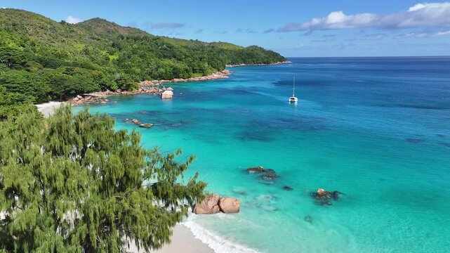 Anse Lazio Beach In Praslin Island Victoria Seychelles. Aerial View Of Stunning Beach With Crystal Clear Waters. Island Life Landscape Recreation Wanderlust. Summertime Recreation Coast.