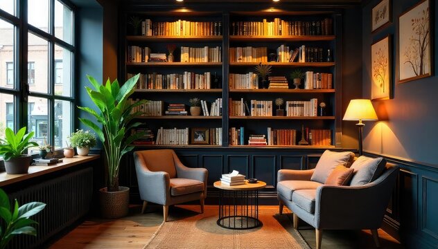 A cozy corner in an article cafe, featuring warm lighting, comfortable armchairs, and a well-stocked bookshelf Perfect for studying, writing, or relaxing with a beverage , study, article, literature