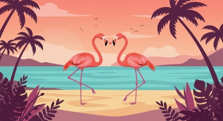 Naklejka premium Pair of flamingos on beach at sunset in tropical setting illustration.