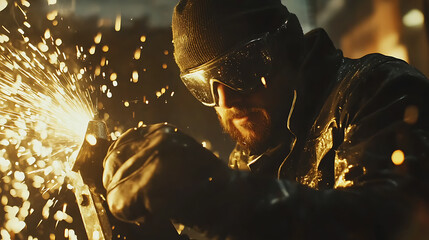 Metalworker Using Angle Grinder with Sparks