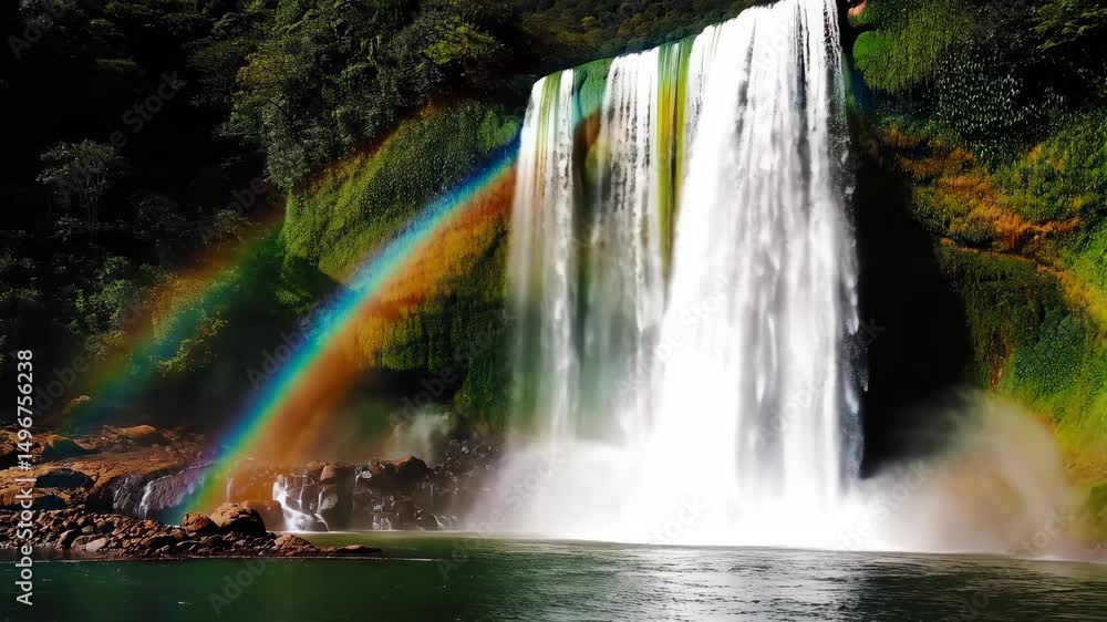 Poster spectacular waterfall cascading down a lush cliffside, illuminated by a vibrant rainbow creating a r
